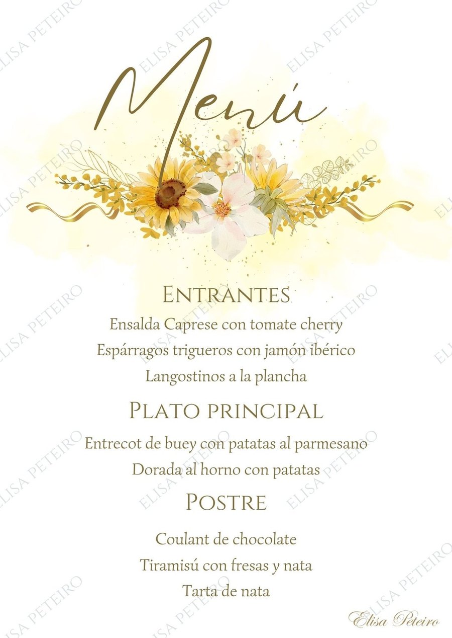 Menú de mesa con entrantes, plato principal y postre